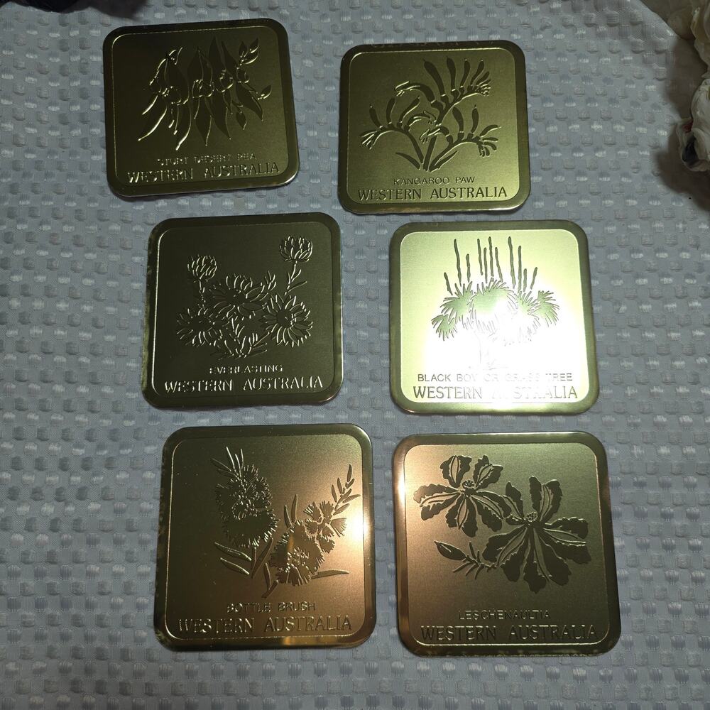 VINTAGE RIGA ELEGANT DRINKWARE GOLDTONE WESTERN AUSTRALIAN COASTER SET
